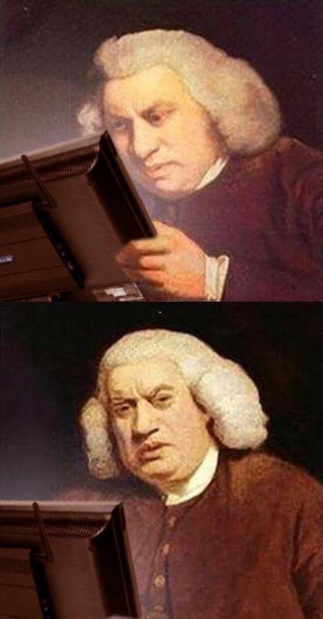 2-panel vertical meme showing a person in a wig, looking closely at a computer monitor in the top panel, then looking away from the monitor and at the viewer in visible cofusion and/or disgust. This meme is a modification to the original which had a book instead of a monitor, and was famously titled 'WTF did I just read?'