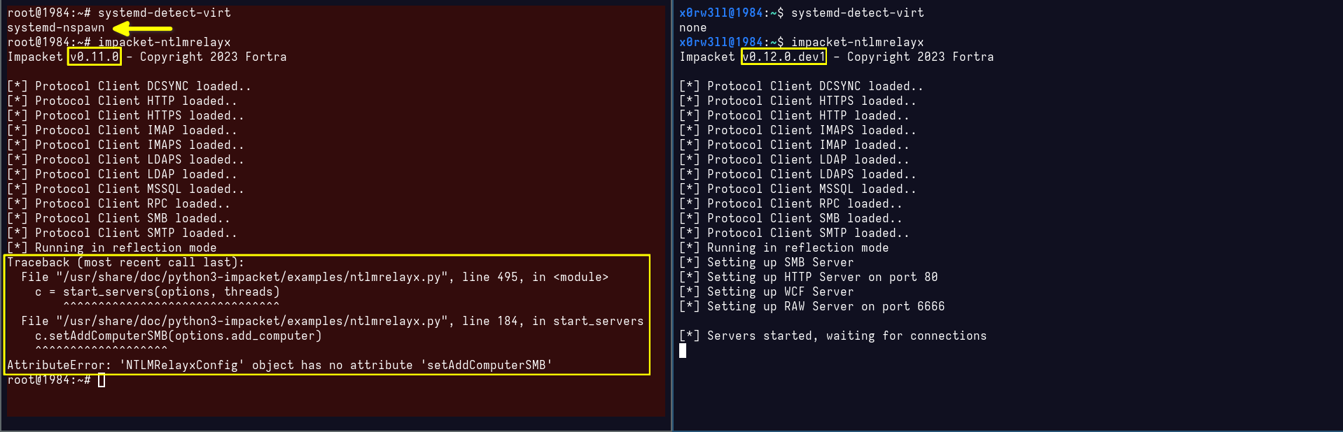 Screenshot showing impacket-ntlmrelayx breaking due to conflicting versions of impacket being installed in two different locations