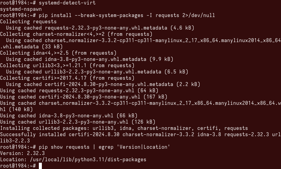 Screenshot showing externally-managed requests package being installed to /usr/local/lib/python3.11/dist-packages