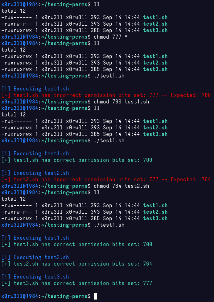 Screenshot showing running test1.sh, with unexpected output as incorrect permission bits are set