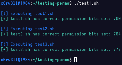 Screenshot showing running test1.sh, with expected output as correct permission bits are set