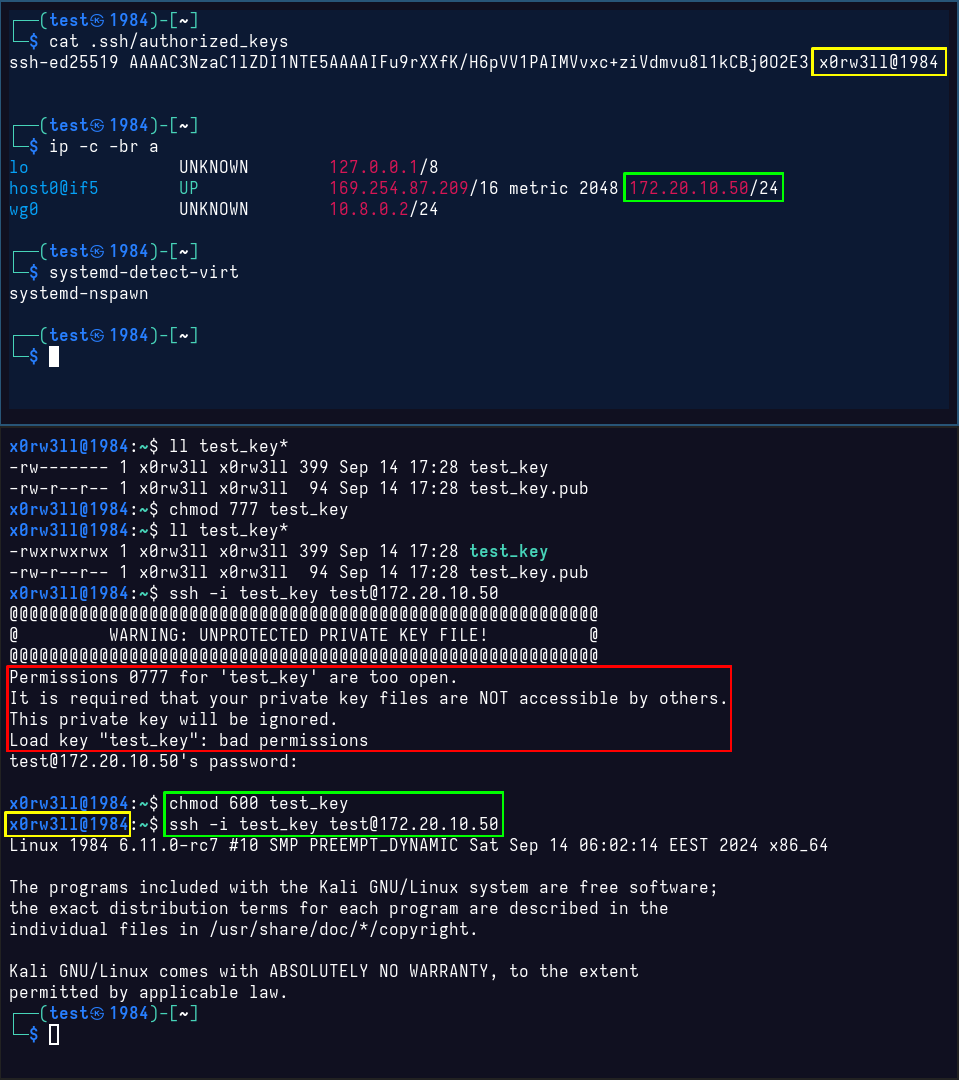 Screenshot showing two SSH connection attempts, one failing due to bad permissions set for the key file, and the other succeeding when permission bits are fixed