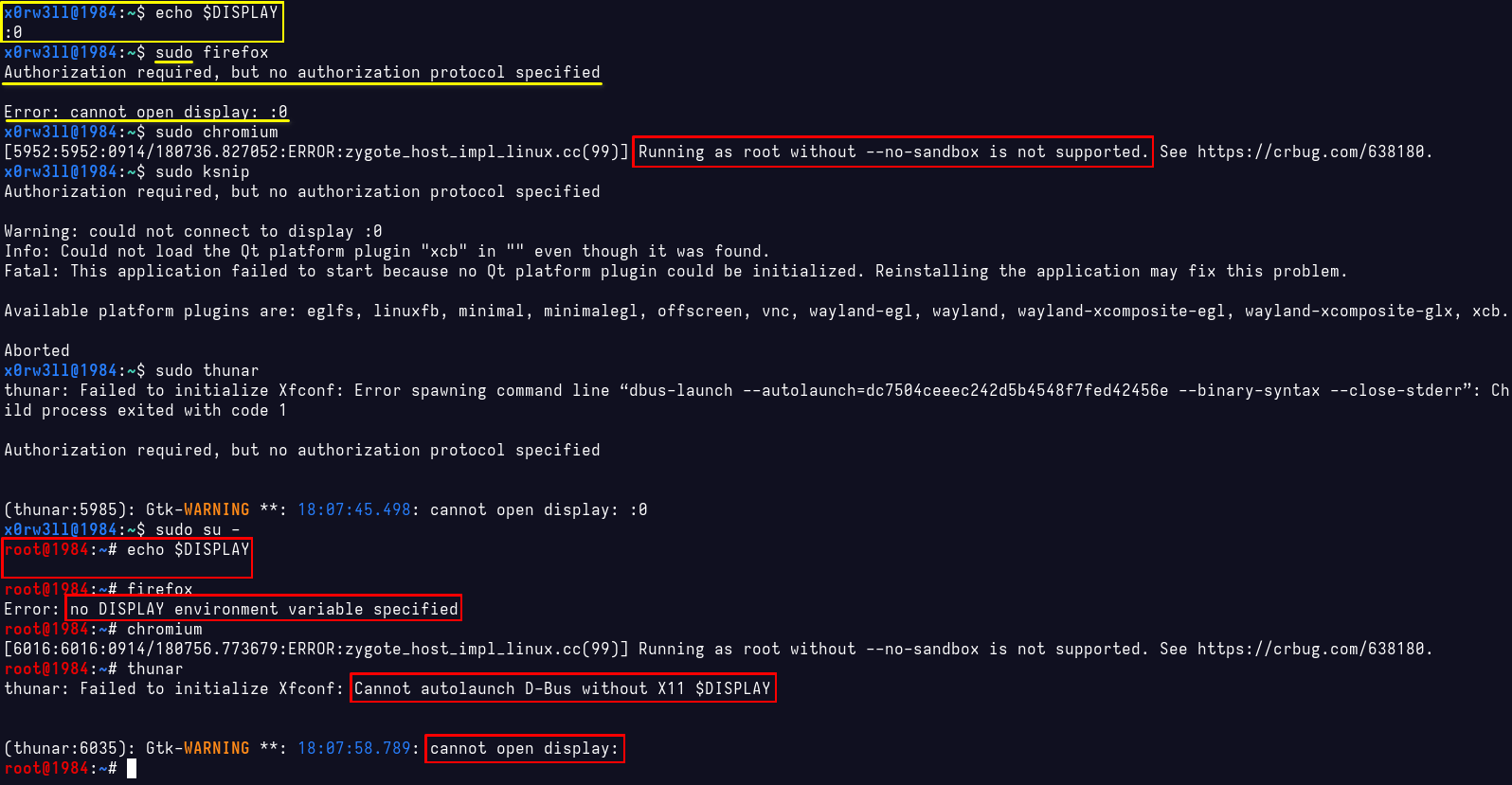 Screenshot showing graphical programs failing to launch in a privileged context as the DISPLAY environment variable is not propagated