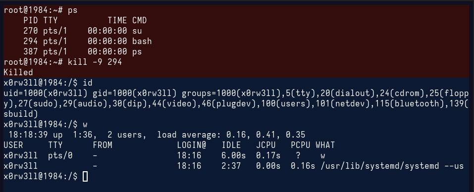 Screenshot showing Bash process being killed by mistake and kicking the root user out of their shell